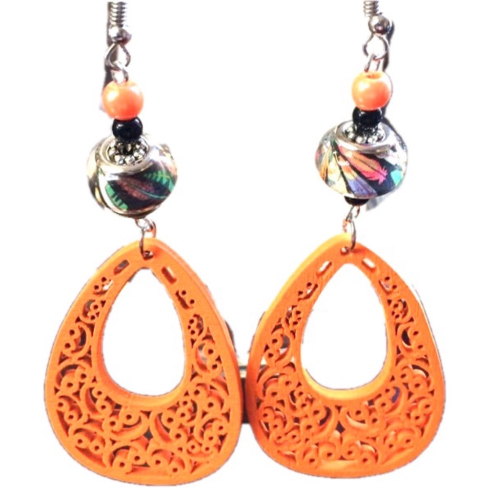 Boho Coral Carved wood earrings